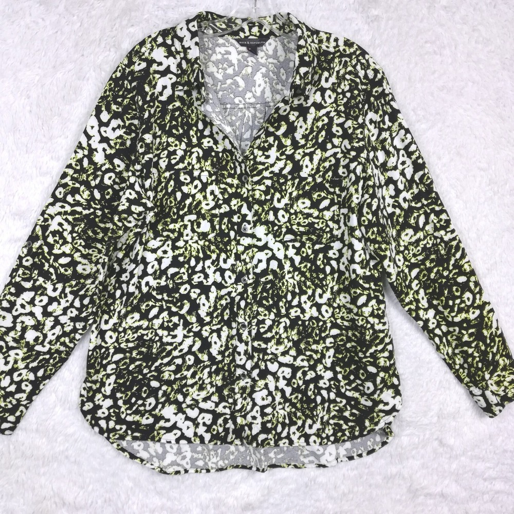 Rock & Republic Womens Shirt Button Up Black Leopard Print Neon Roll Tab L